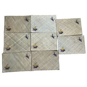 Set of 8 Placemat's Indoor Outdoor Use Hand Woven Natural Grasses & Embroidery
